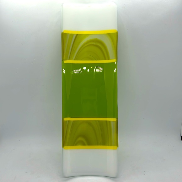 Fused Art Glass Trinket Tray, 12” x 4”. White and Yellow Green, with Yellow. - Picture 1 of 3